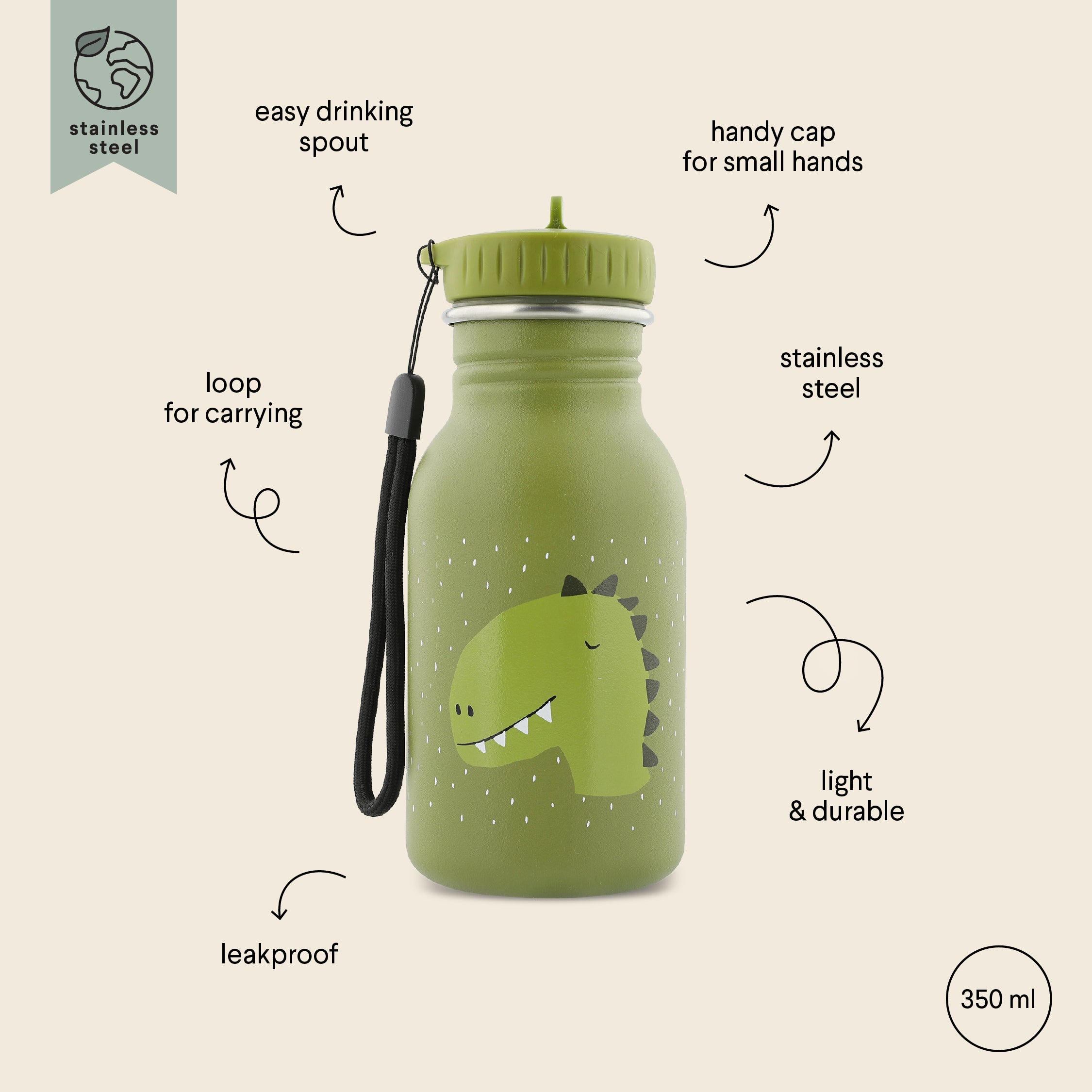 Trixie Baby Stainless Steel Bottle 350ml - Mr Dino