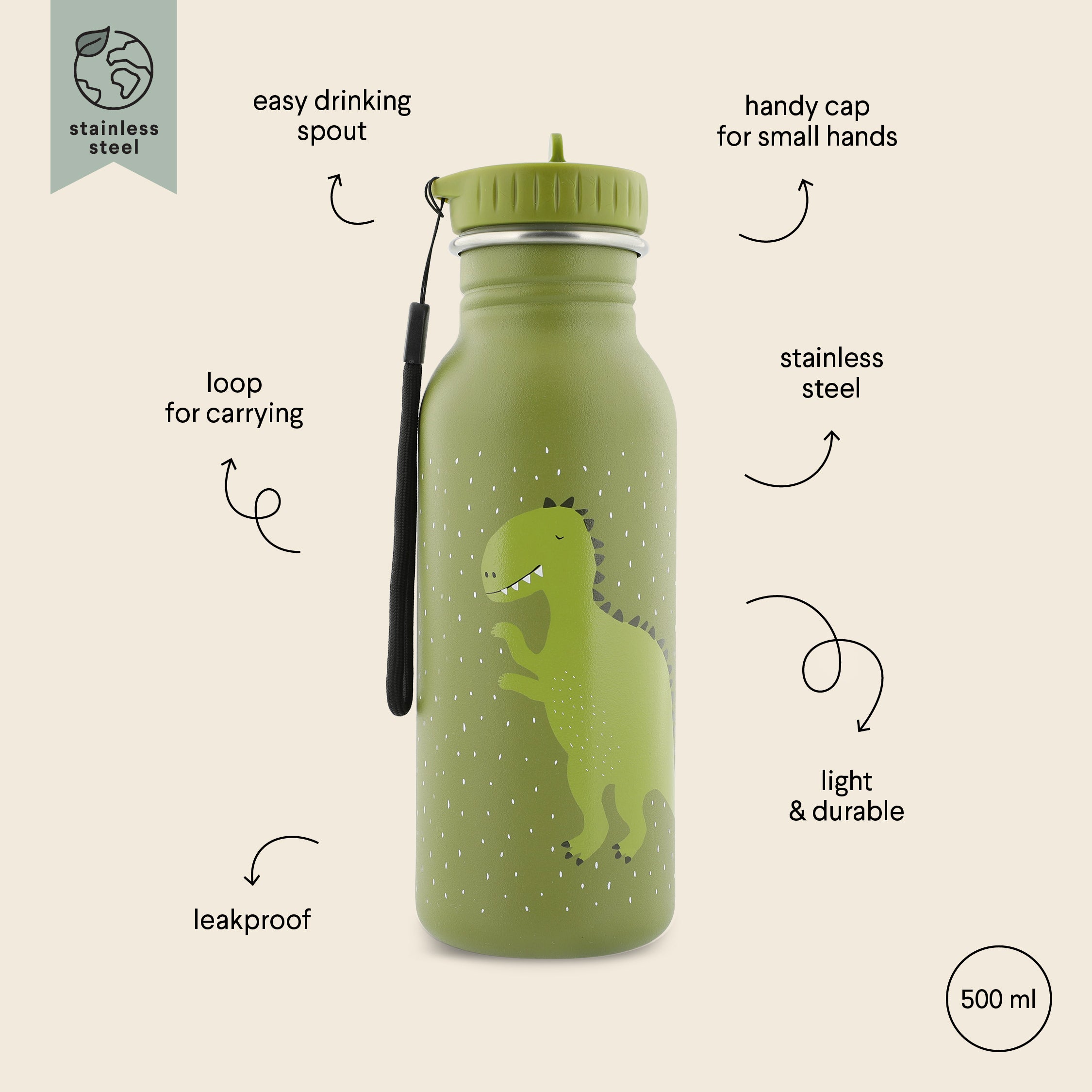 Trixie Baby Stainless Steel Bottle 500ml - Mr Dino