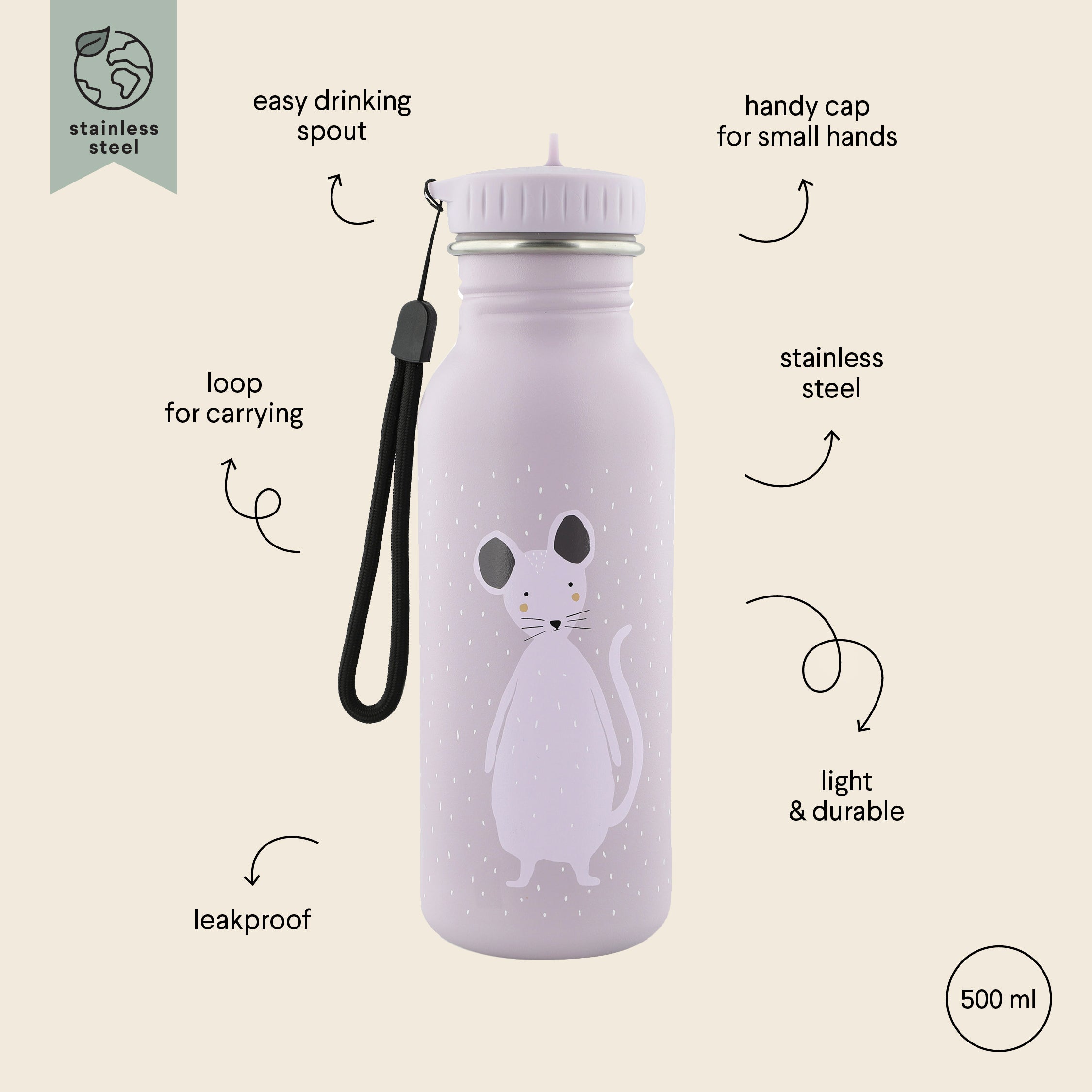 Trixie Baby Stainless Steel Bottle 500ml - Mrs Mouse